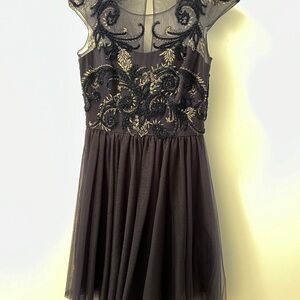 Marchesa Black and Gold Embroidered Tulle Cocktail Dress